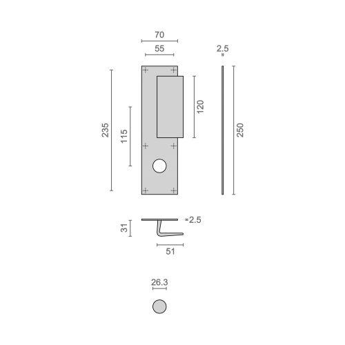 Poignée palière sur plaque BASTILLE 70 x 250 MM - Alu. - Argent - Trou 26 MM