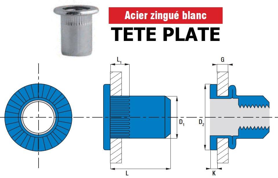 Écrou à sertir cranté - acier zingué - tête plate