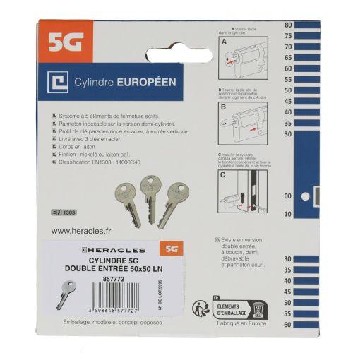Cylindre à double entrée 5 goupilles 5G 30 x 30 mm laiton nickelé sur carte