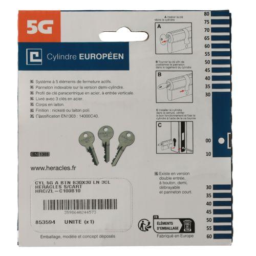 Cylindre à double entrée 5 goupilles 5G 30 x 30 mm laiton nickelé sur carte