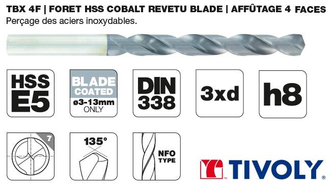 Foret Cobalt 5% DIN338 pour Inox TIVOLY TBX HSS-E5 Revêtu BLADE