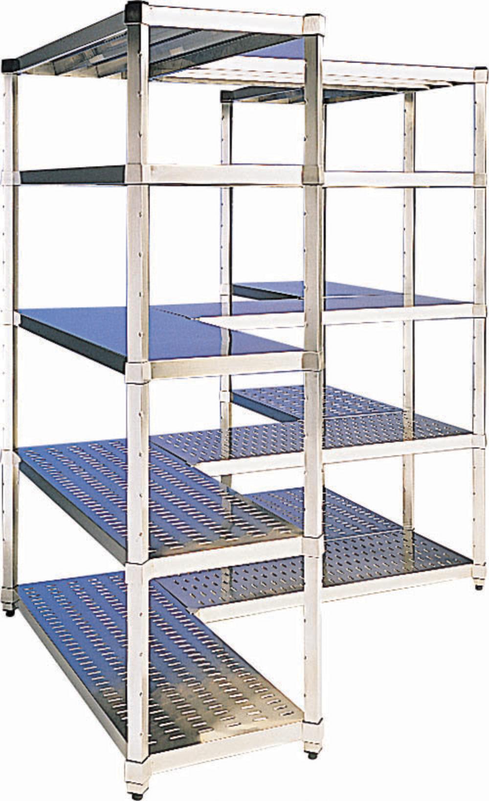 RAYONNAGE MODULABLE MONTANTS INOX A 4 TABLETTES PERFOREES