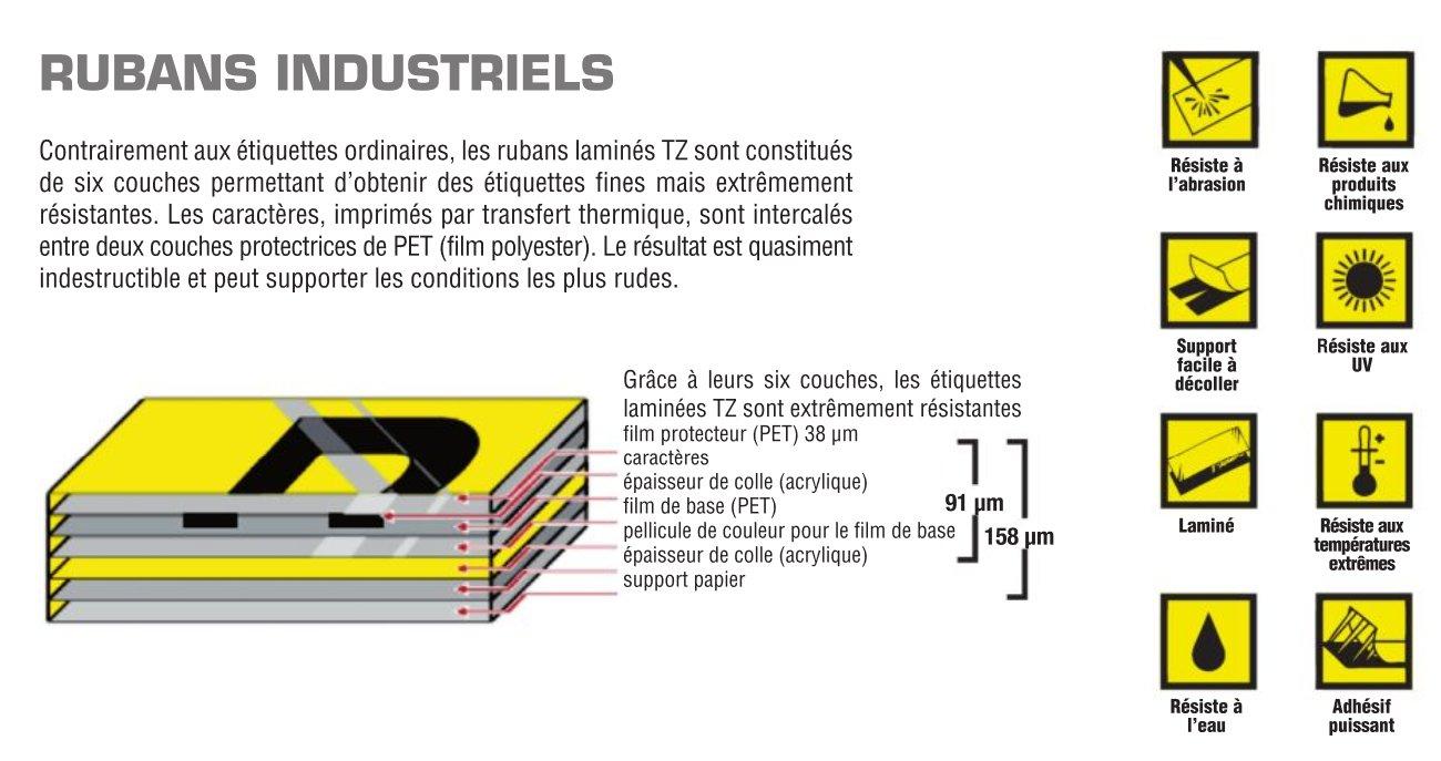 TZS231 - Ruban laminé texte noir / fond blanc 12 mm x 8 m, adhésif puissant