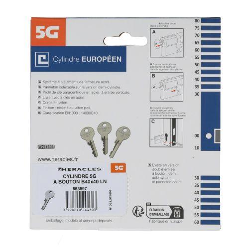 Cylindre à double entrée 5 goupilles 5G 30 x 30 mm laiton nickelé sur carte