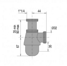 Siphon de lavabo chromé, taille réglable 35/90 mm