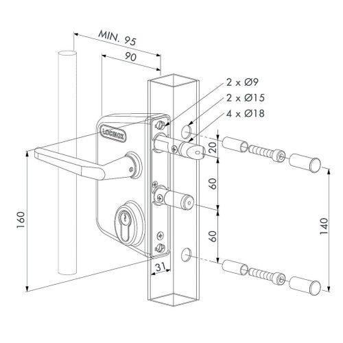 Serrure applique pour portail LAKQ60U2L pour profil de 60 à 80 mm - LOCINOX
