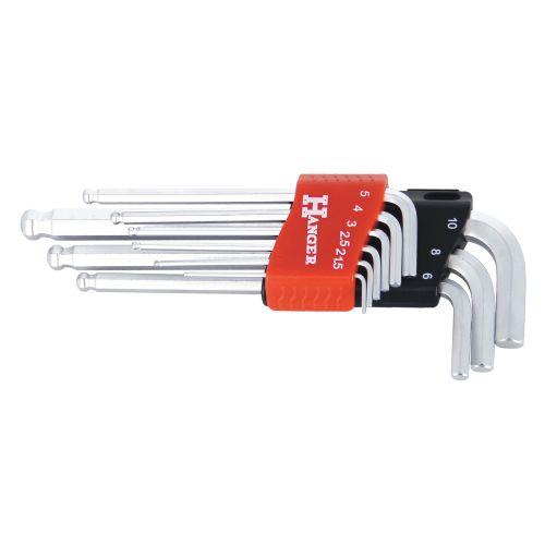 Jeu de 9 clés mâles 6 pans tête sphérique chromées - HANGER - 250111