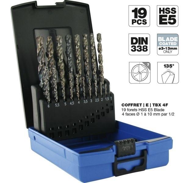 Coffret 19 forets métaux TBX HSSE5% cobalt revêtus blade Ø 1 à 10mm par 1/2